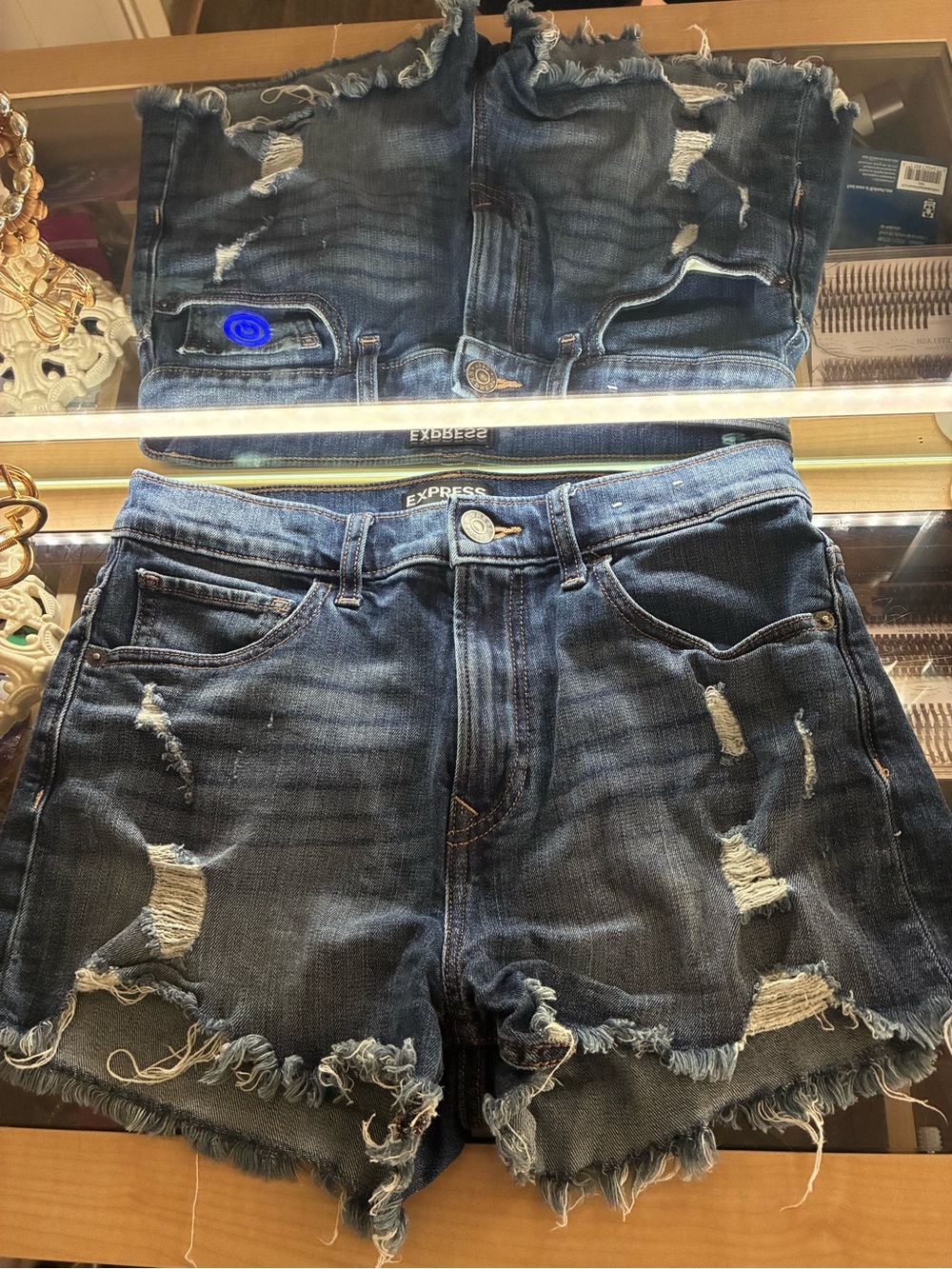 Express Distressed Dark Blue Denim Cutoff Shorts